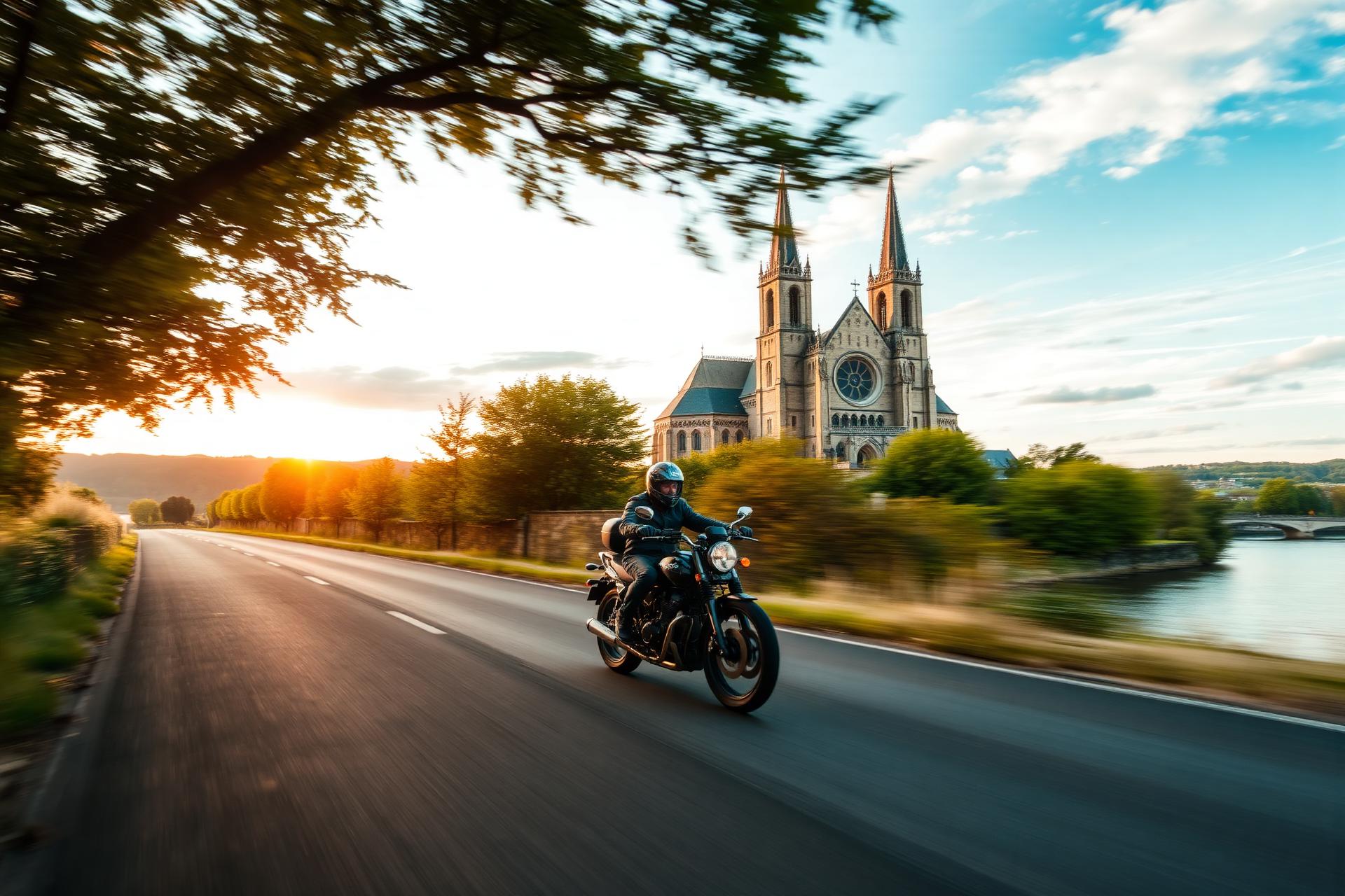 Motard sur une route de Moselle avec la Cathédrale Saint-Étienne de Metz et le fleuve Moselle en arrière-plan — FMF Moselle